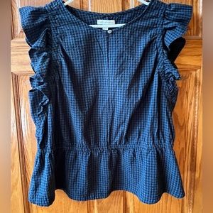 Ruffle short sleeve top. Blue and black checkered with elastic waist